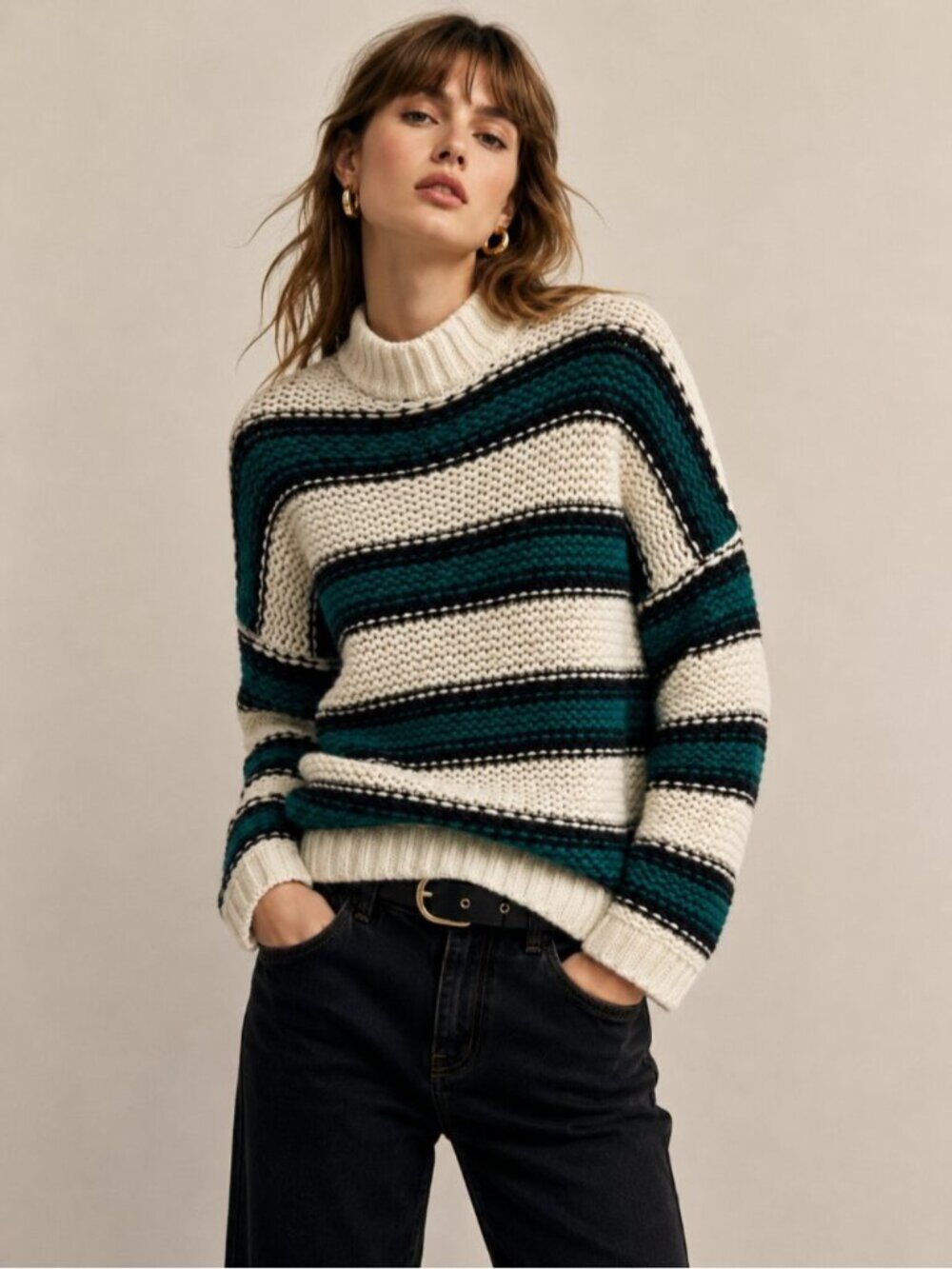 Sandro Paris Chunky Striped Knit Sweater | Size 2 | Green & Cream | 0699